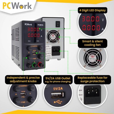 PCW07A Labornetzteil 0-30V 5A DC Netzgerät USB